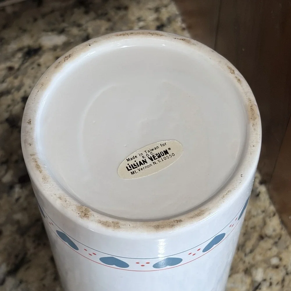 Vintage 80s Lillian Vernon Heart Dot Stripe Utensil Crock Vase